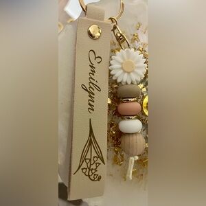Custom Floral Beaded Keychain with Gold Accents